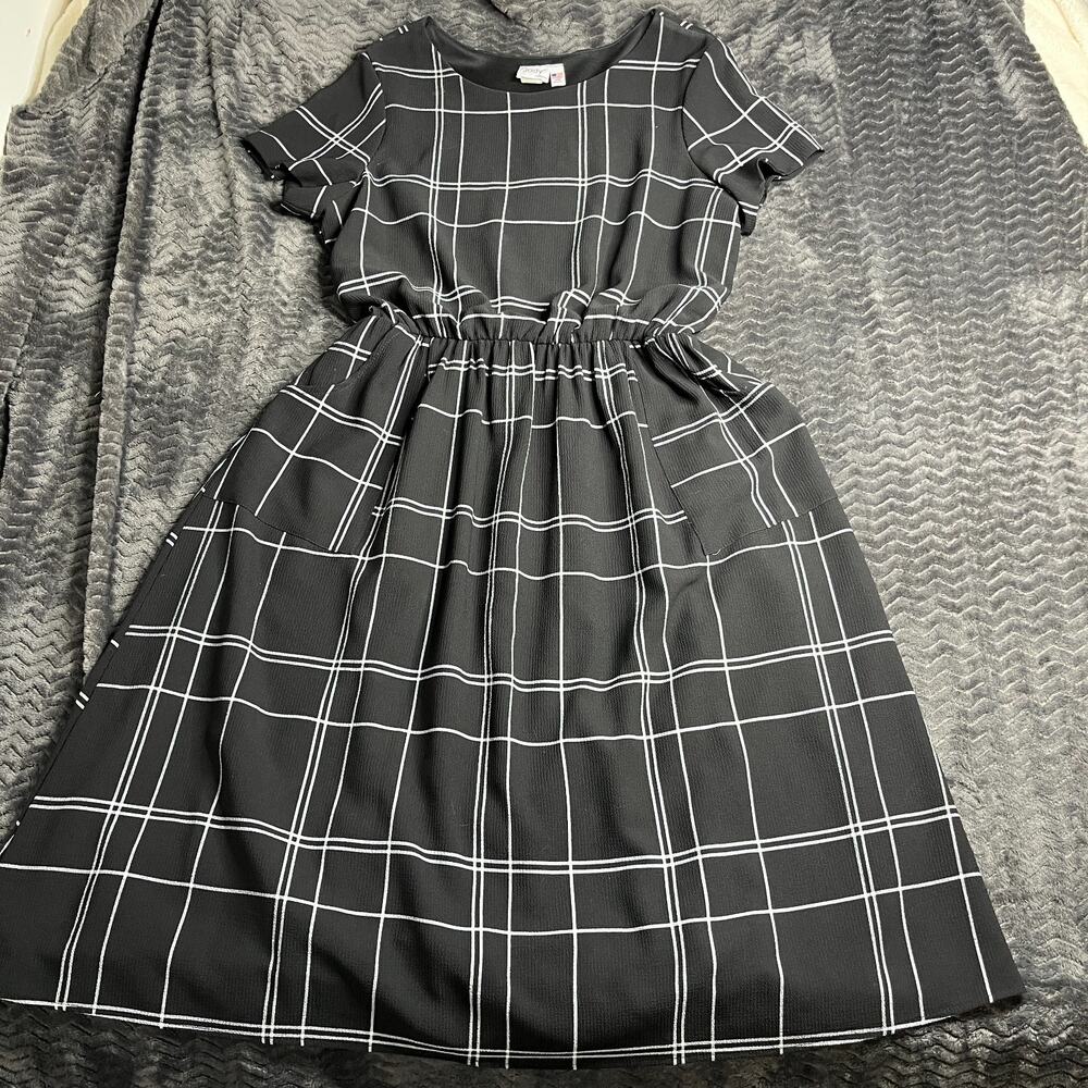 Jody Women's Twirl Dress Windowpane Black Plaid Pockets size XL